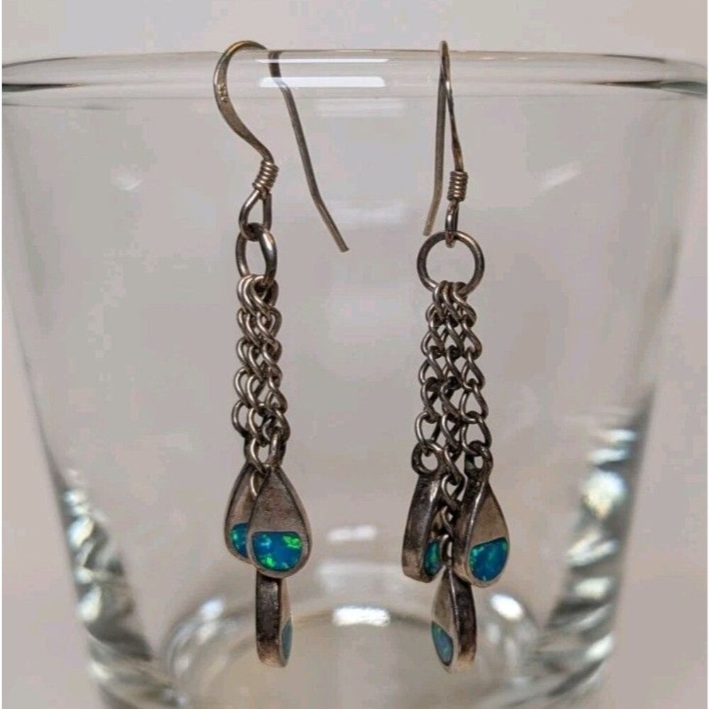Sterling Silver 925 Dangling Drop 3 Chain Teardrop Blue Opal Inlay Earrings Y2K